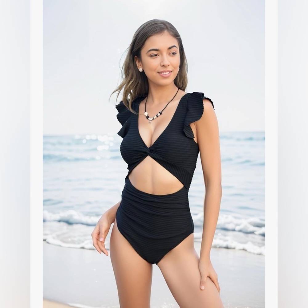 New - 2025 Tummy Control Modest Bathing Suit Slimming Cutout Ruffle VNeck Ribbed - Picture 6 of 8
